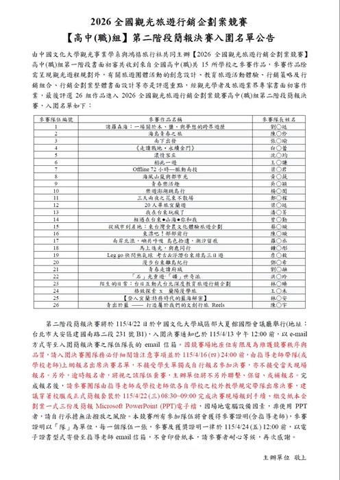 2026全國觀光旅遊行銷企劃案競賽 【高中(職)組】 第二階段簡報決賽入圍名單公告修正版圖片